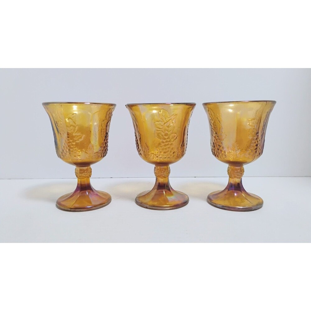 VINTAGE 70’S INDIANA CARNIVAL GLASS MARIGOLD HARVEST GRAPE 5 ¼” GOBLETS SET OF 3 - Picture 3 of 7